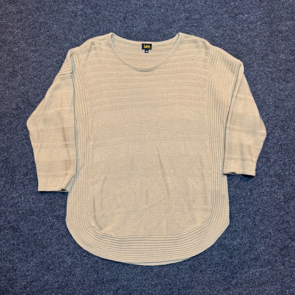 Lee Womens Beige Tan Textured Knit Sweater 3/4 Sleeve Curved Hem Size L